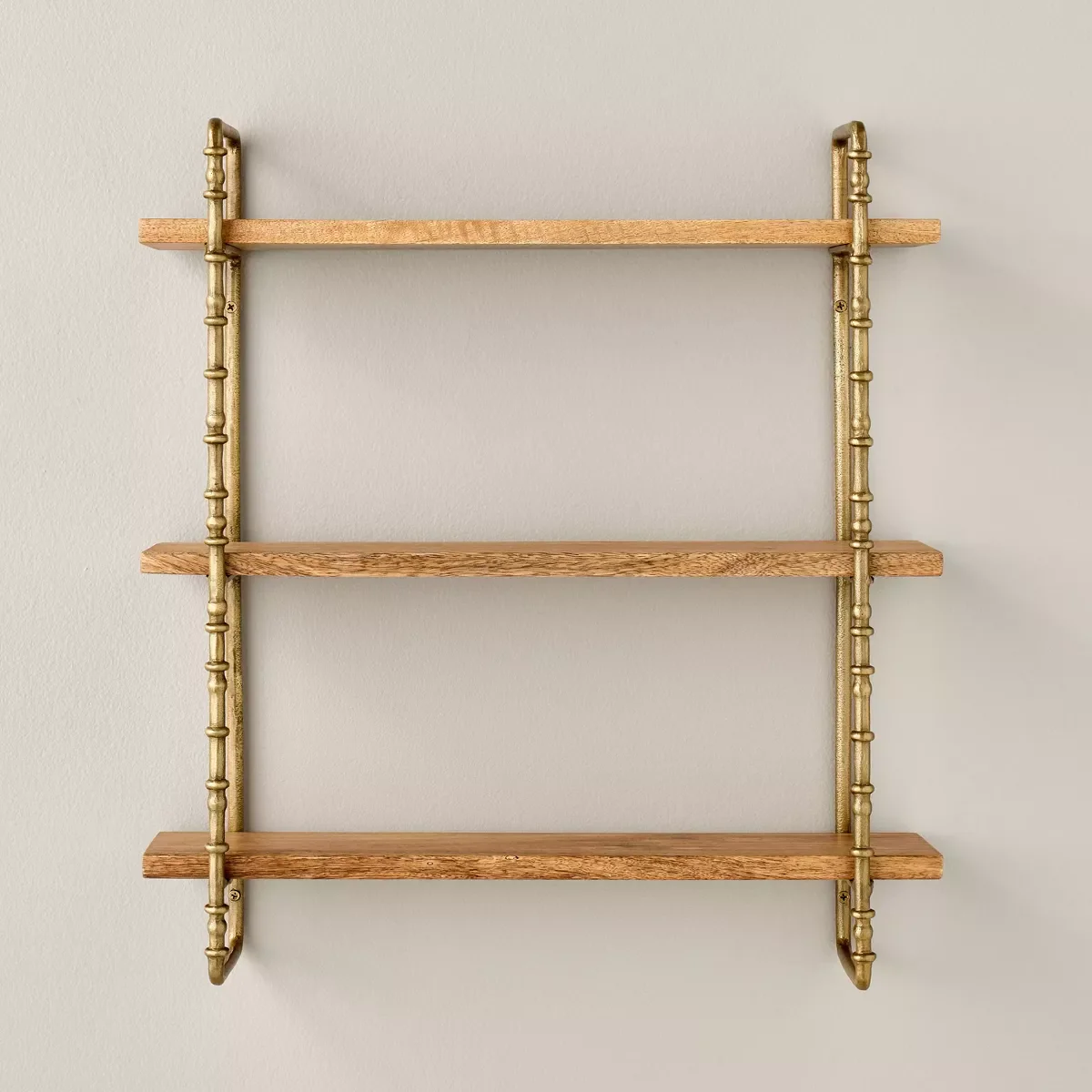 Turned Brass and Wood Wall Shelf