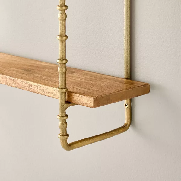 Turned Brass and Wood Wall Shelf - Image 2