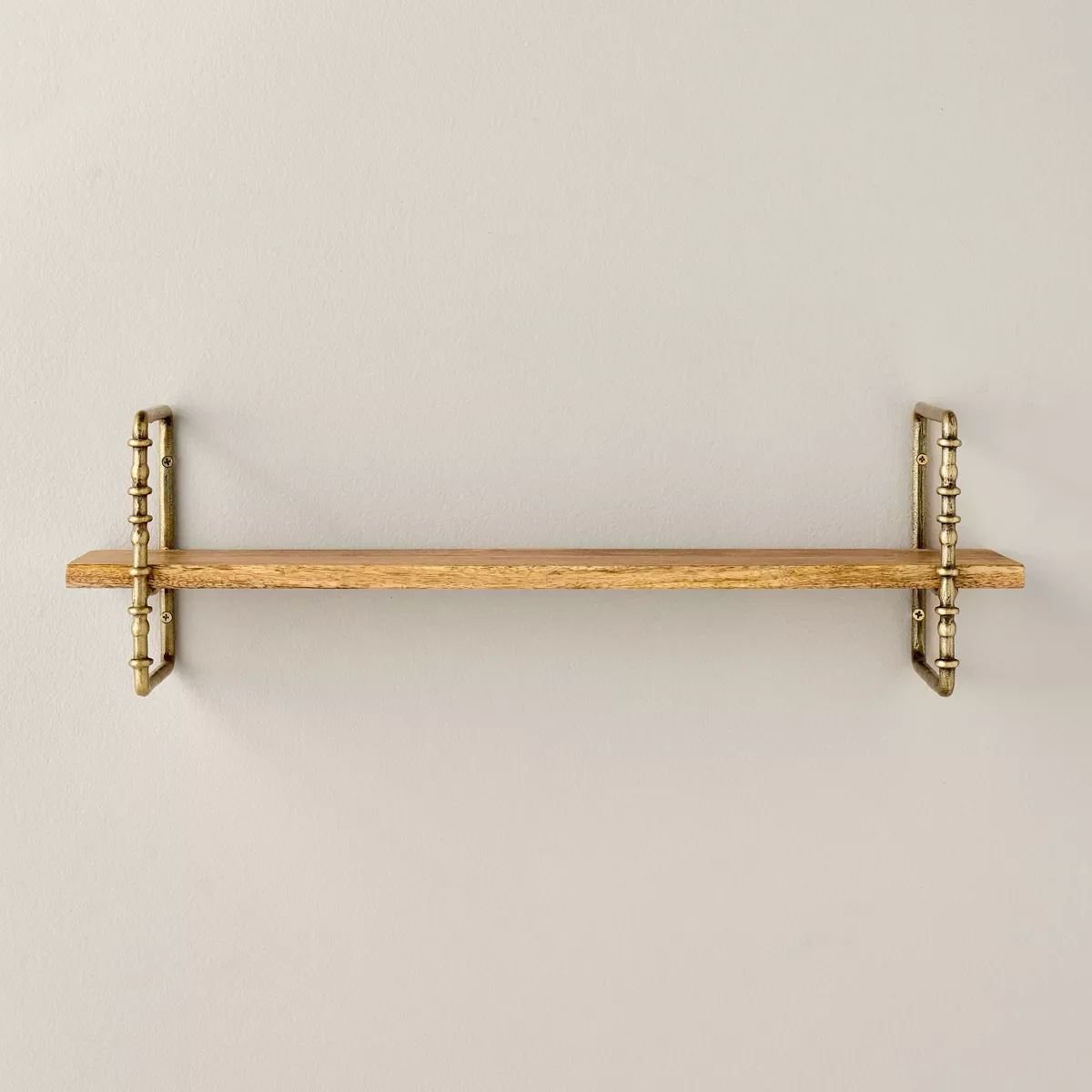 Turned Brass and Wood Wall Shelf