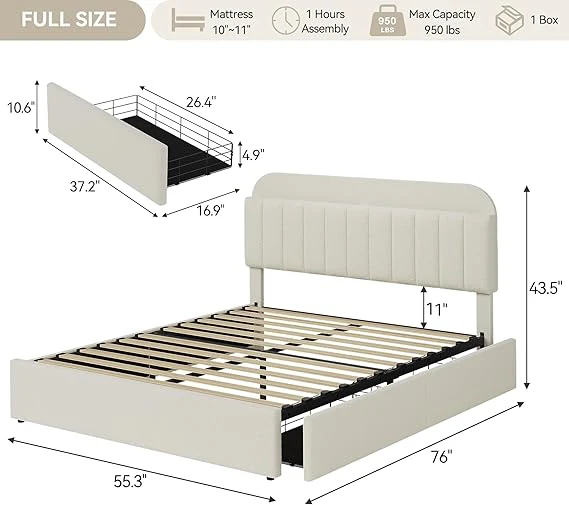 Bed Frame for Kids, Boucle Upholstered Platform, Beige, Full