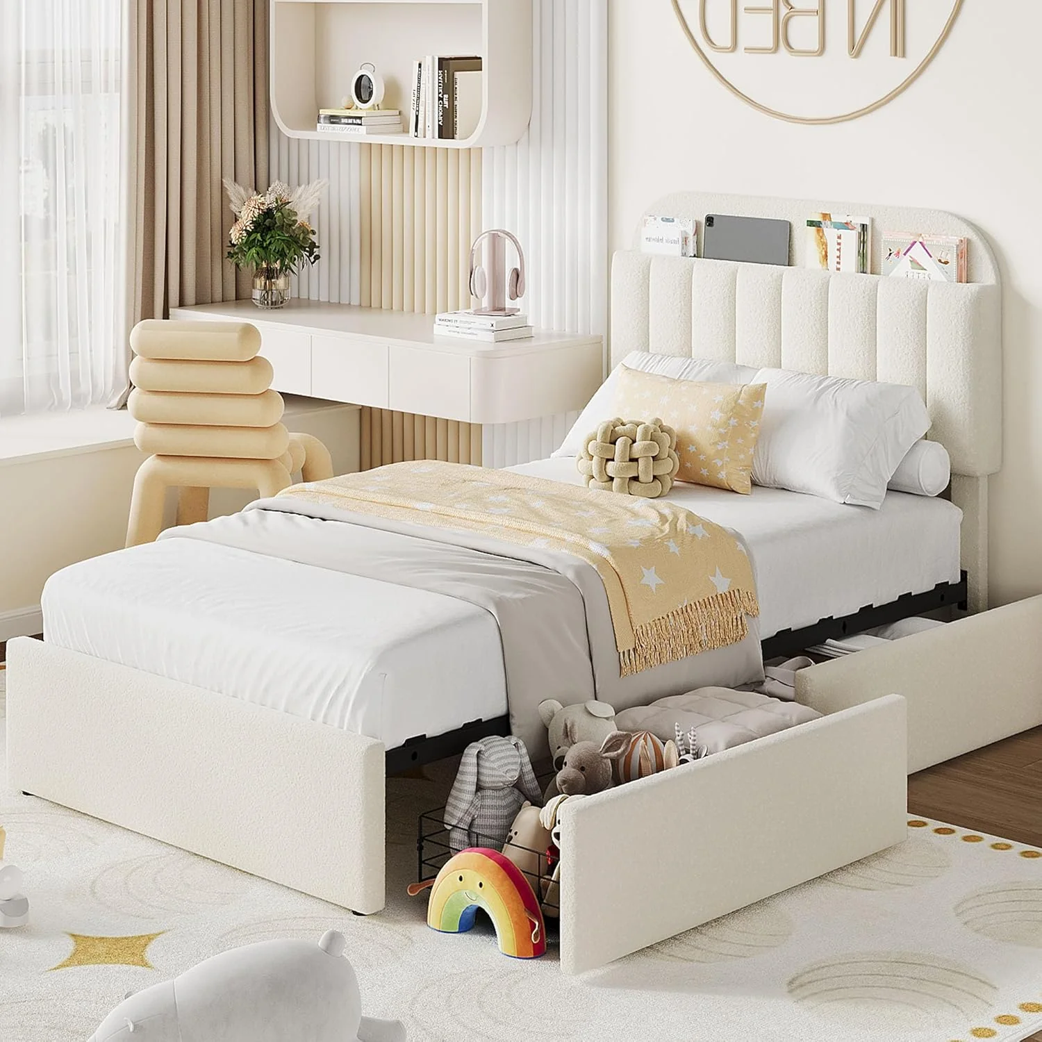 Bed Frame for Kids, Boucle Upholstered Platform, Beige, Full - Image 3