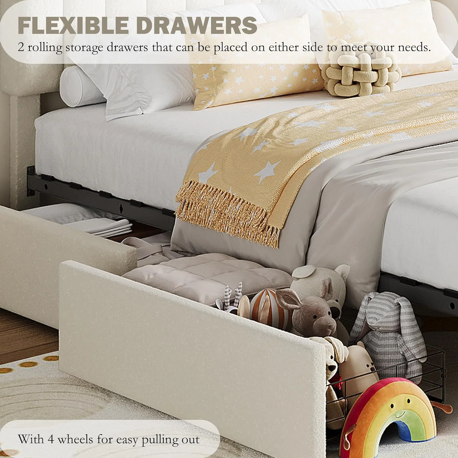 Bed Frame for Kids, Boucle Upholstered Platform, Beige, Full - Image 4