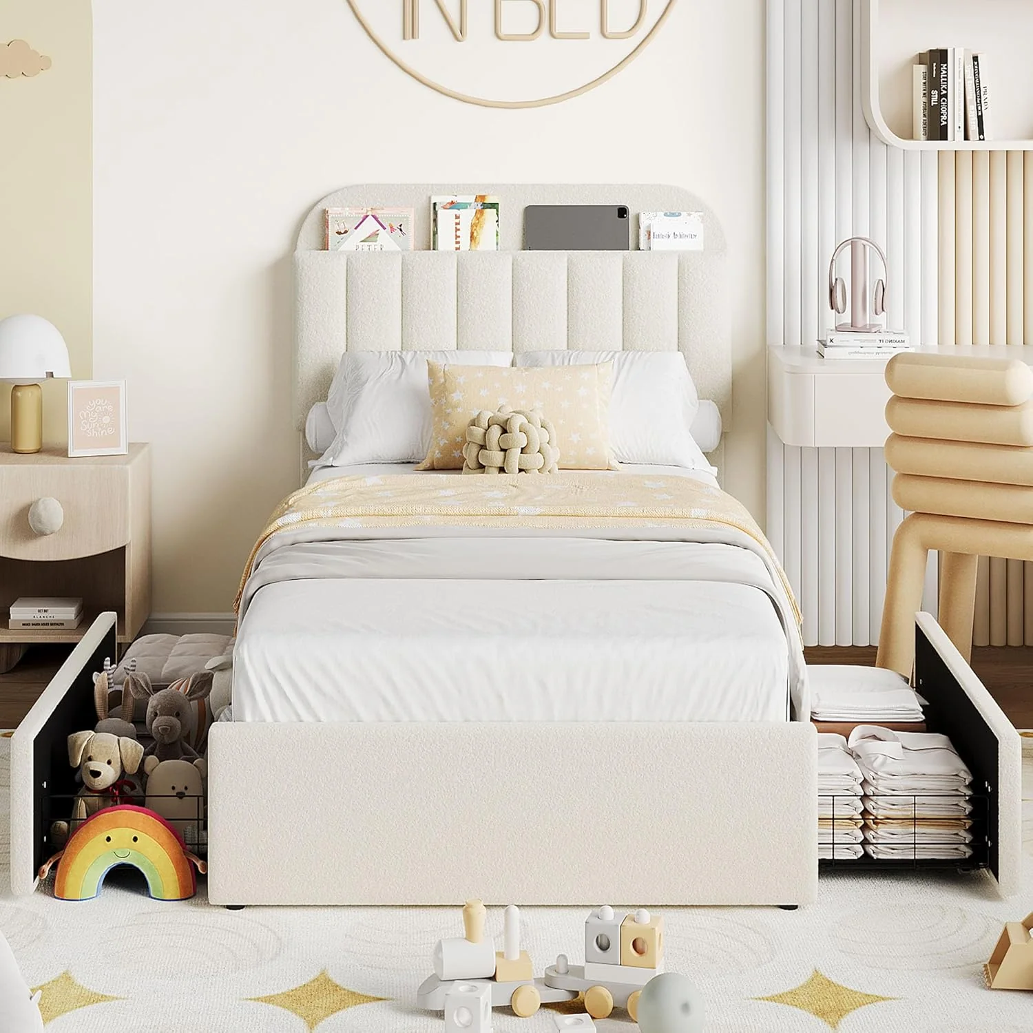 Bed Frame for Kids, Boucle Upholstered Platform, Beige, Full - Image 5
