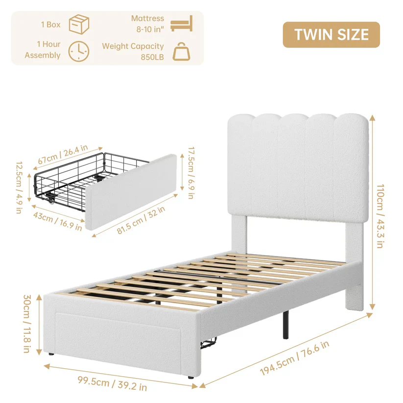Twin Bed Frame with Storage Drawer and Headboard - Image 3