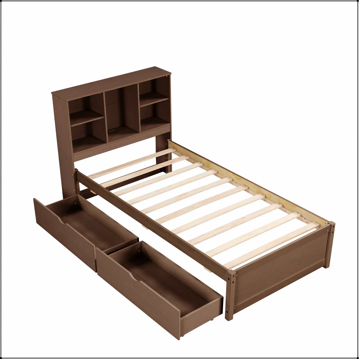 Twin Size Bed Frame With Built-in USB Port on Bookcase Headboard and Drawers - Image 2