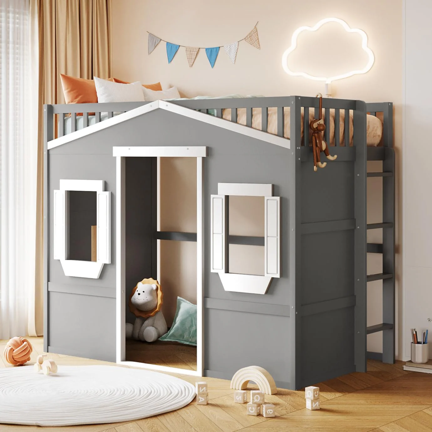 Designs House Loft Bed, with Ladder and Safety Guardrails, White+Gray, Twin 2-BOXES - Image 2