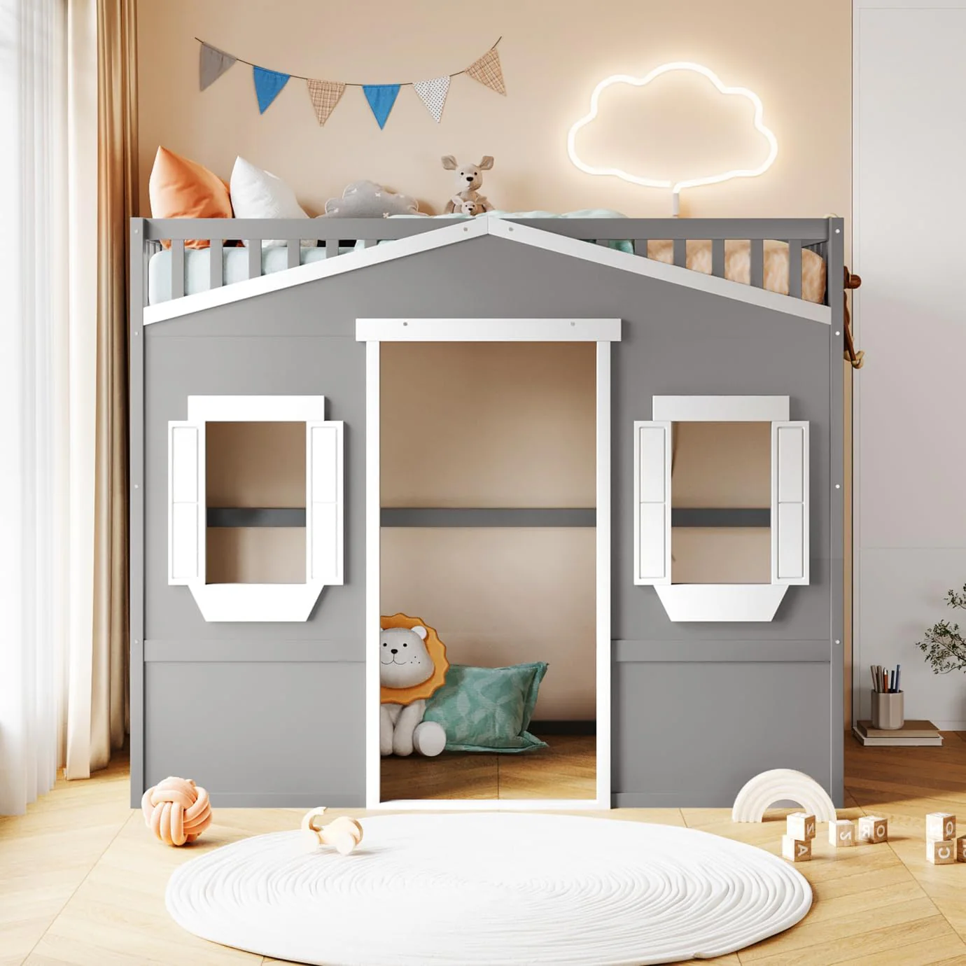 Designs House Loft Bed, with Ladder and Safety Guardrails, White+Gray, Twin 2-BOXES - Image 5