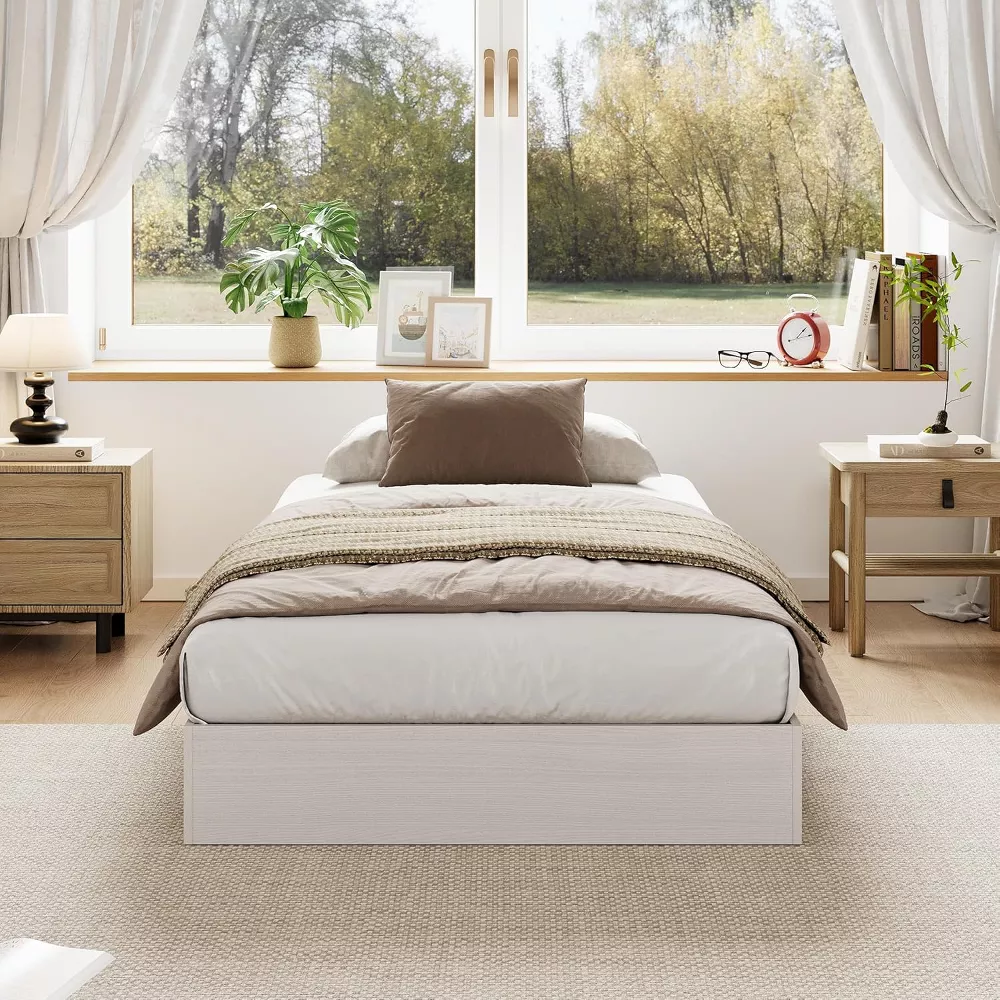 Twin Wood Platform Bed Frame Classic with Wooden Slats, White - Image 2