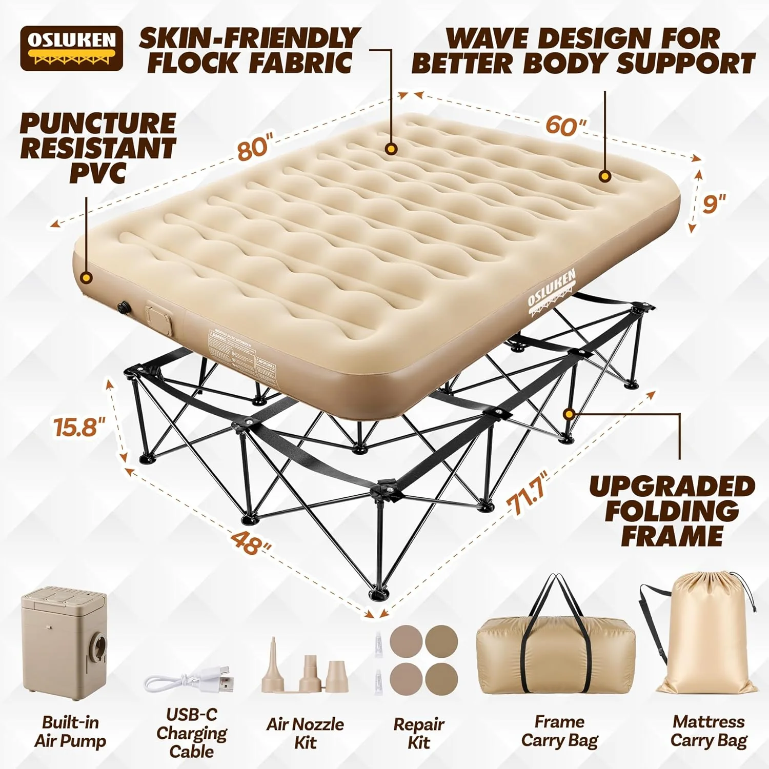 Upgraded Inflatable Air Mattress with Frame, Self-Inflating, Queen - Image 2