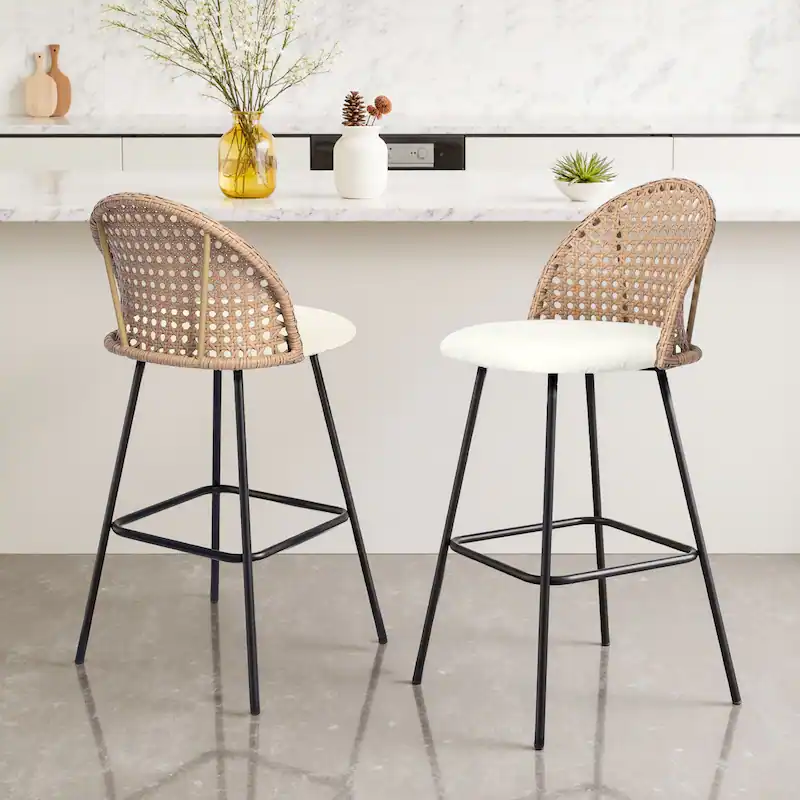 Upholstered Bar Stools Counter Stools with Rattan Back Set of 4 - Image 5