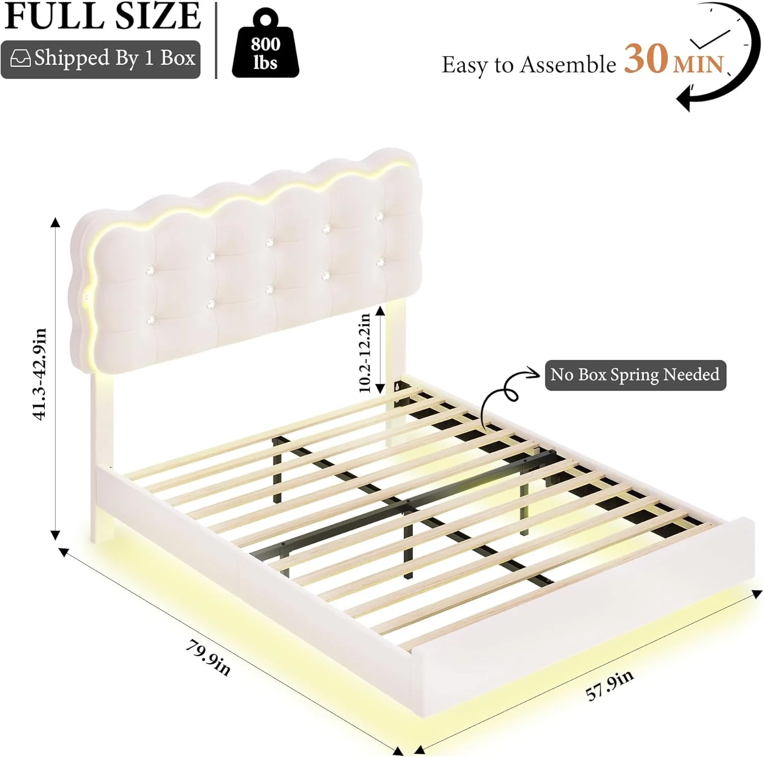 Upholstered Full Size LED Bed Frame with Charging Station and Adjustable Crystal Button-Tufted Puffs Headboard, Beige - Image 5