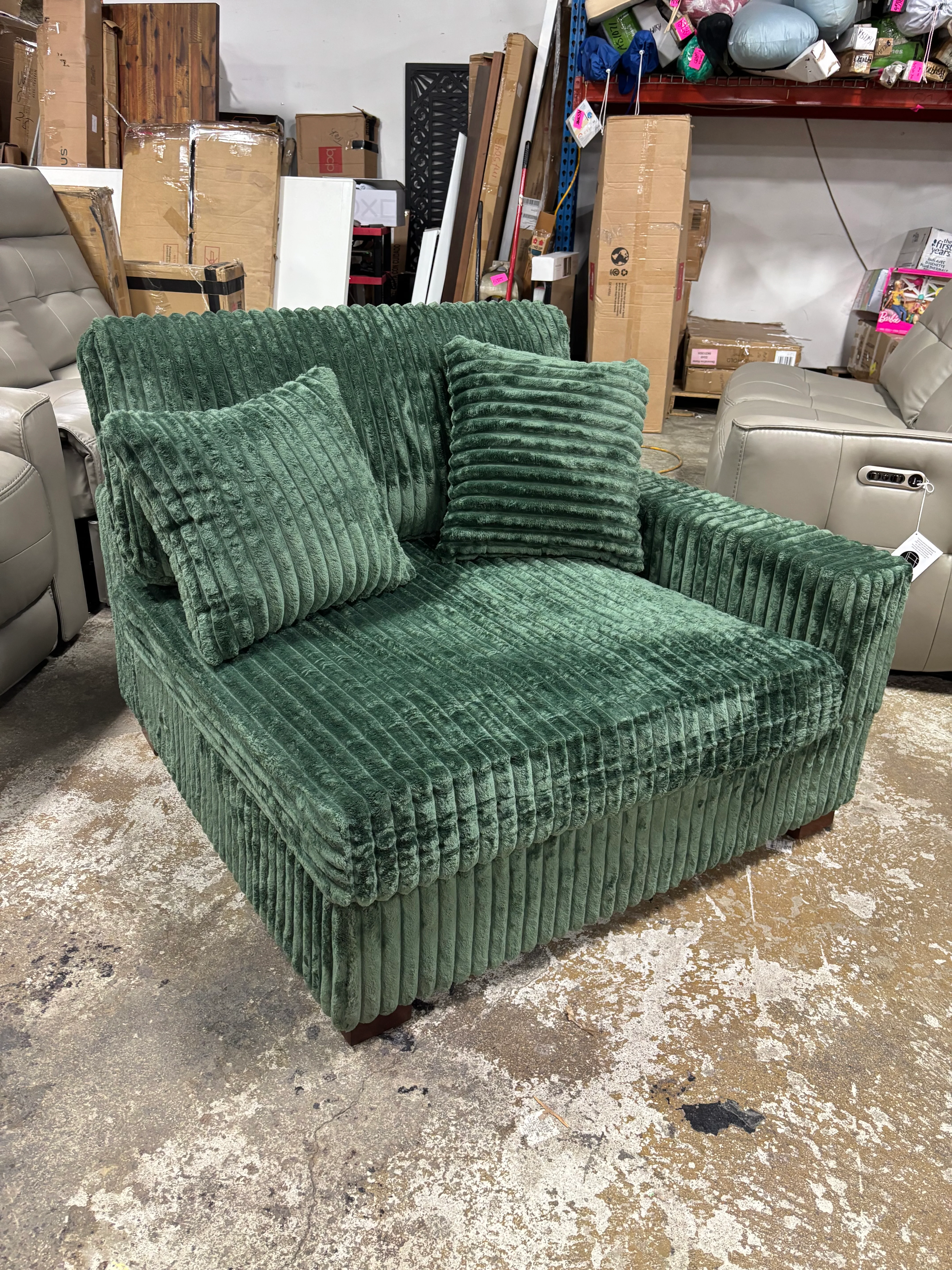 Upholstered Green Faux Rabbit Fur Flannel Armchair with Pillow Back SHOWROOM ITEM - Image 2