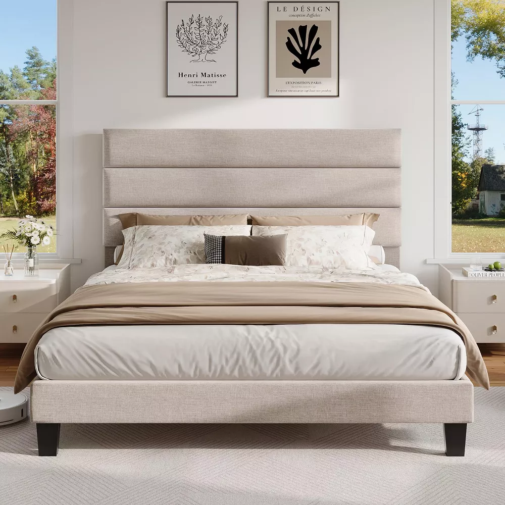 Upholstered Platform Bed Frame with Headboard Queen - Image 2