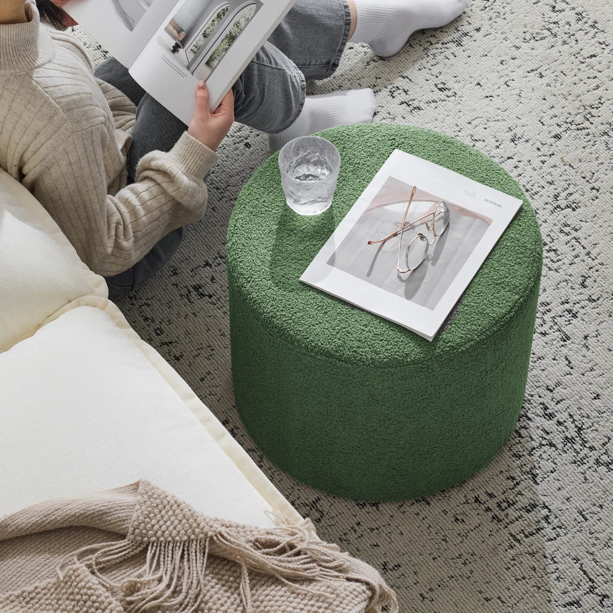 Upholstered Pouf - Green Terry Cloth Upholstery - SHOWROOM ITEM