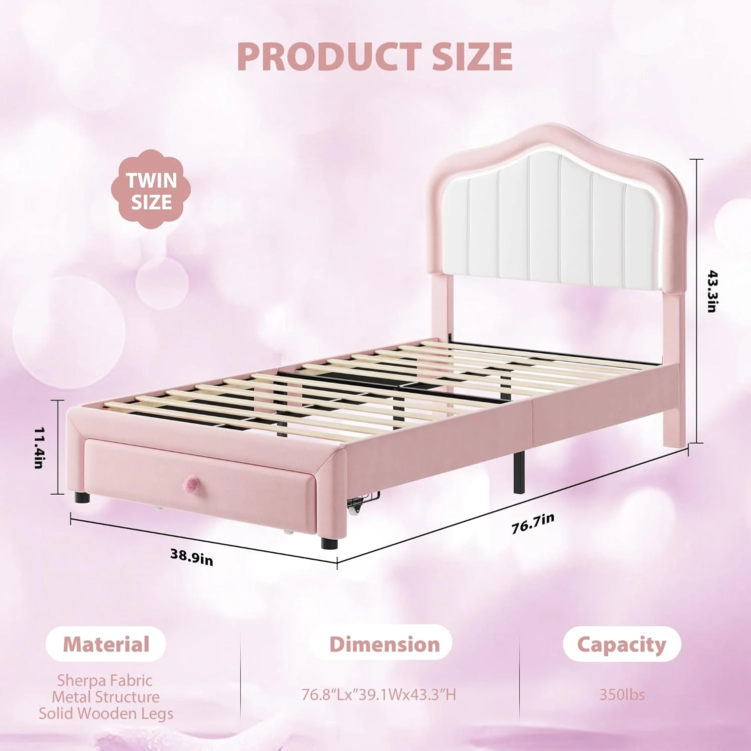 Upholstered Twin Bed Frame with Led Lights and Storage Drawer, Pink - Image 2