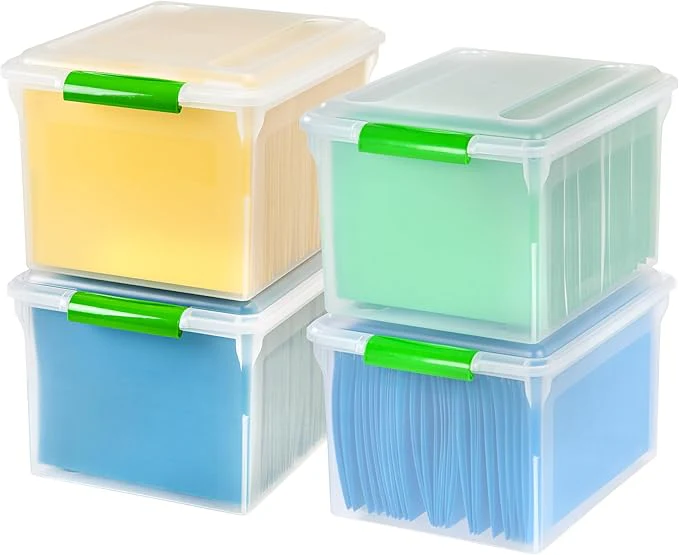 USA File Box File Organizer Plastic File Box for Letter/Legal File, BPA-Free Plastic Storage Bin Tote Organizer w/ Secure Latching Lid and Easy-Slide Pad, Clear