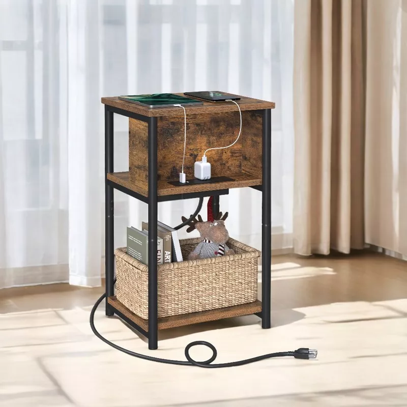 End Table with Charging Station, 3-Tier with USB Ports and Outlets Nightstand