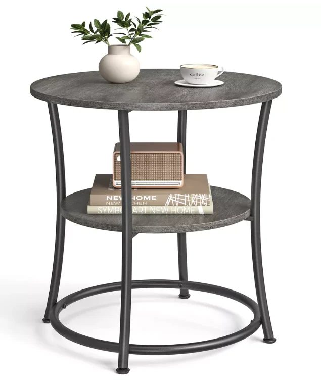 VASAGLE Side Table, Round End Table with 2 Storage Shelves, Nightstand with Steel Frame Accent Coffee Table, Misty Gray and Ink Black SHOWROOM ITEM