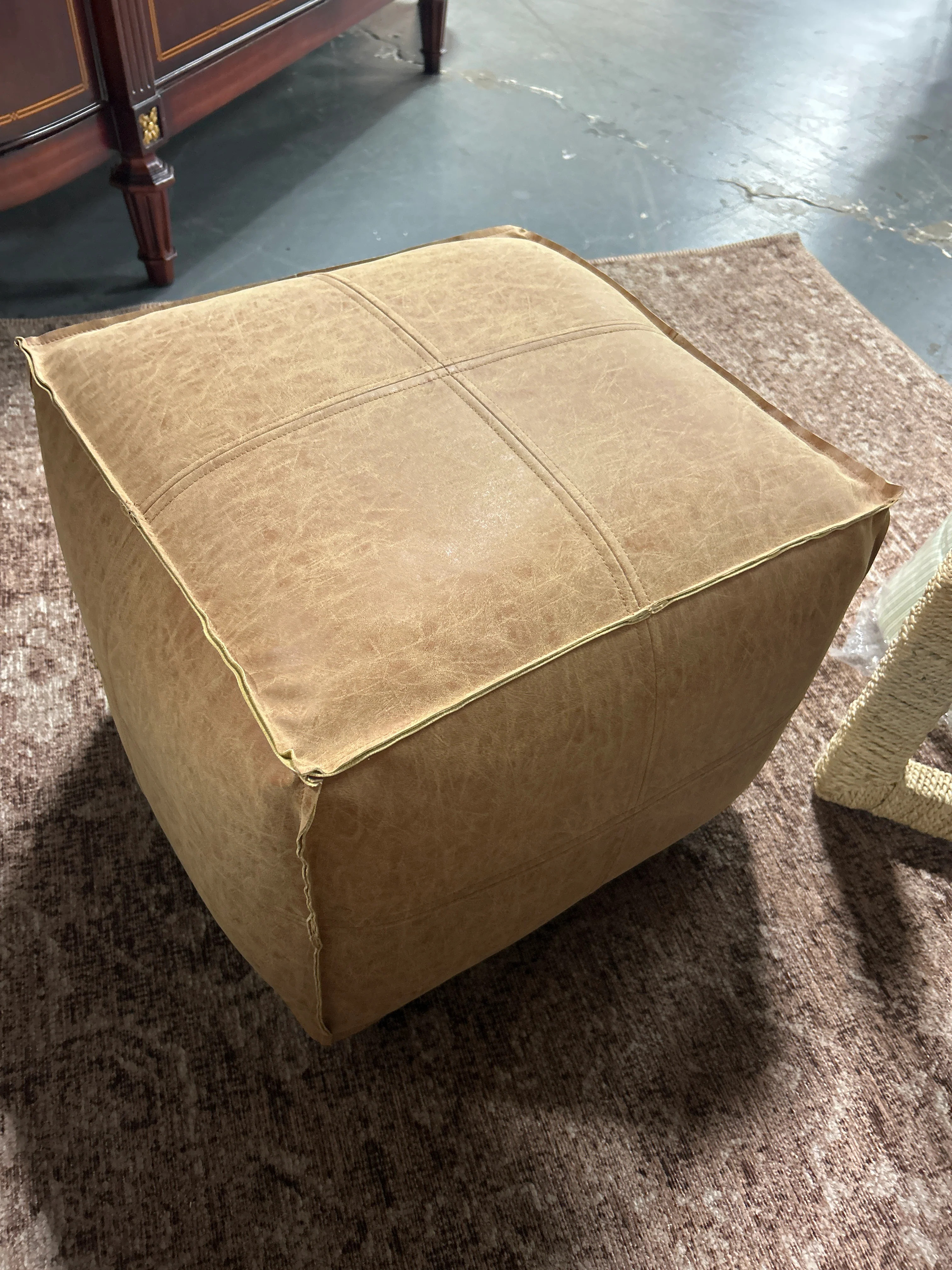 Vegan Leather Sienna Brown Square Pouf Ottoman SHOWROOM ITEM - Image 2