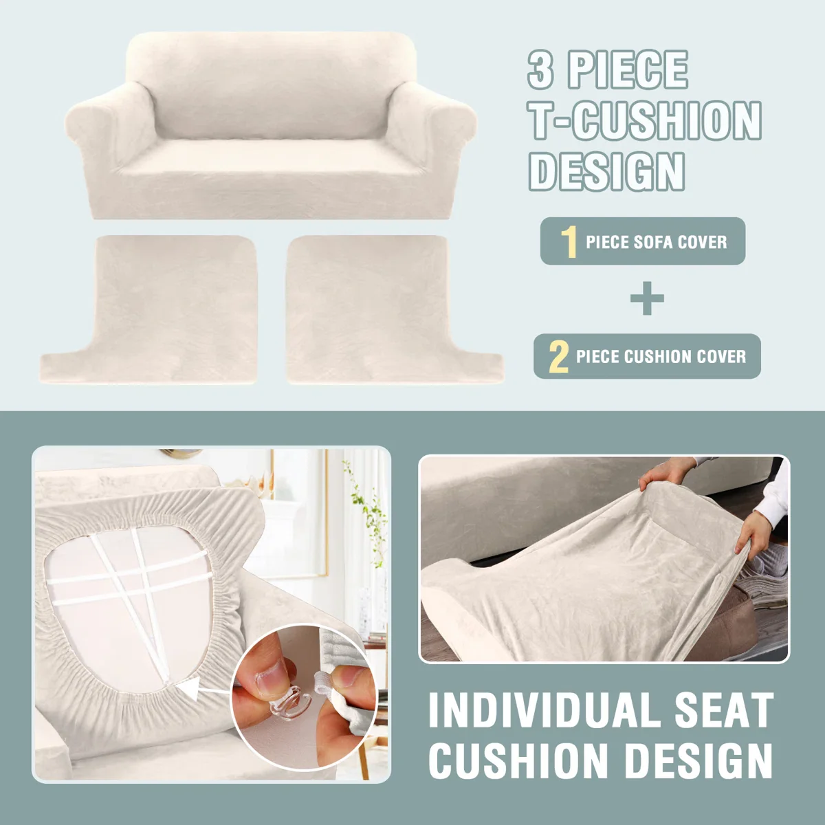 Velvet Stretch 3 Piece T Cushion Sofa Slipcovers - Image 3