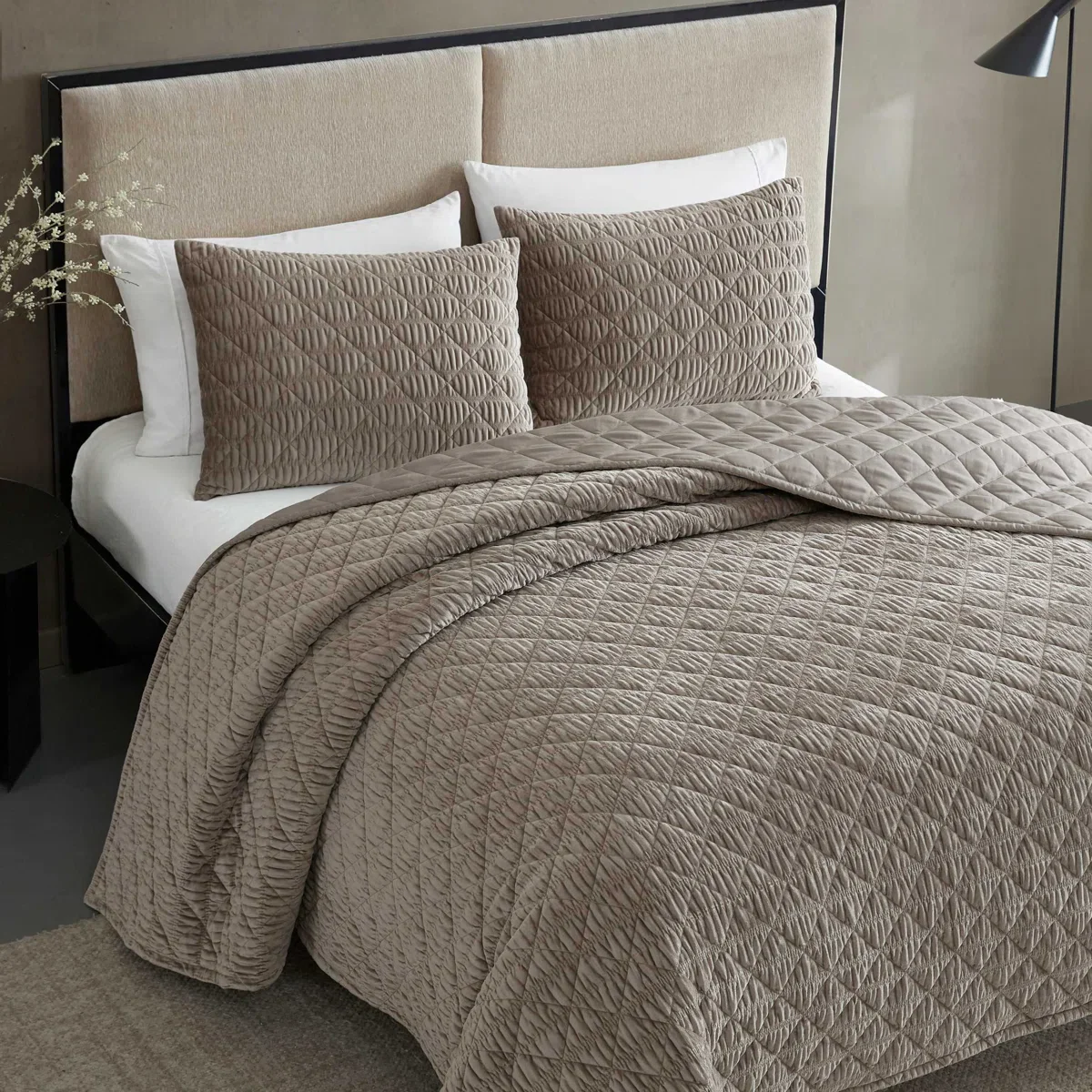 Crushed Velvet Brown Reversible Quilt Set - Image 3