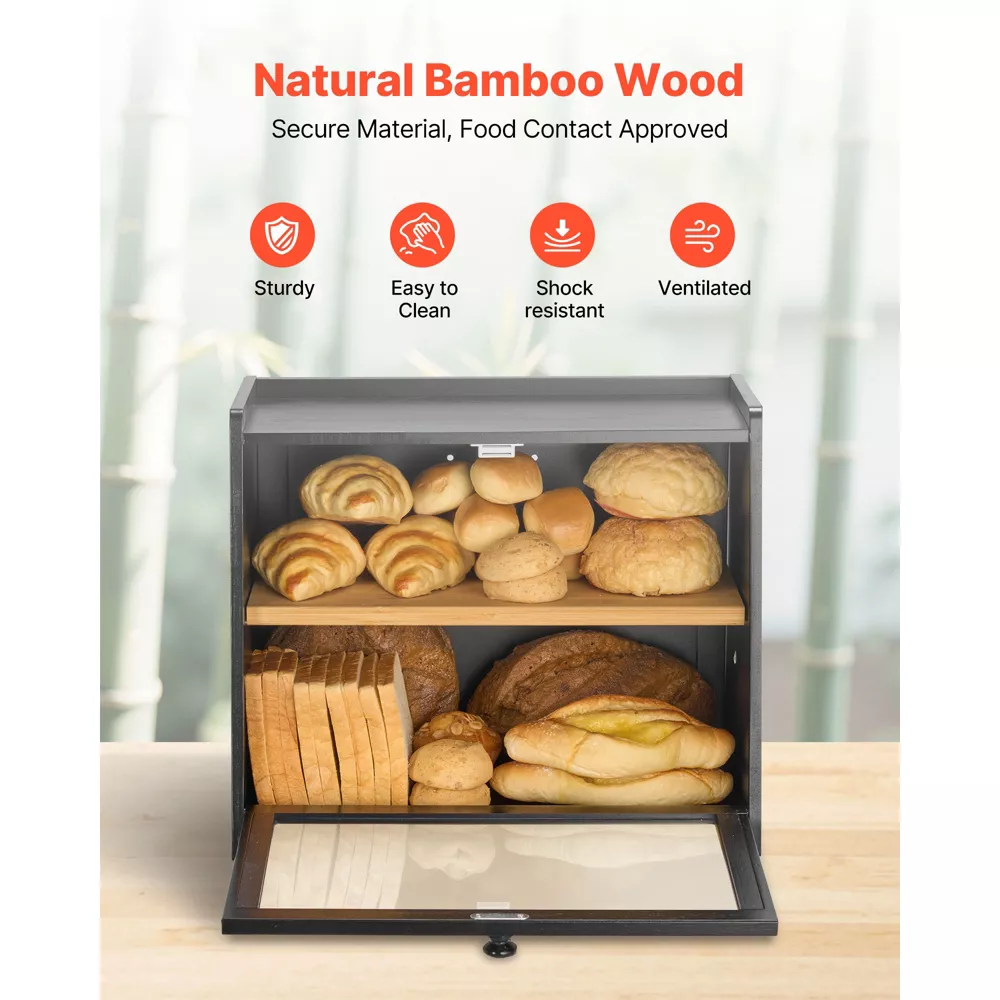 Double Layer Bread Box Large Capacity Bamboo Bread Storage Container, Black - Image 2