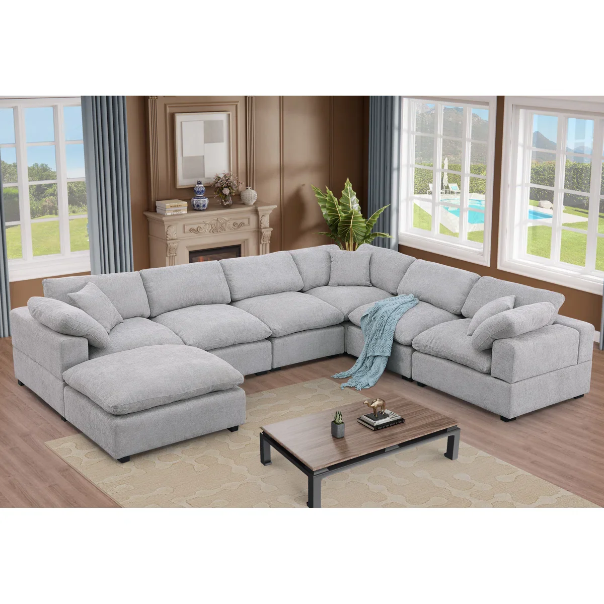 Vivianna 5-Piece Chenille Reversible Corner Sectional with Ottoman SHOWROOM ITEM