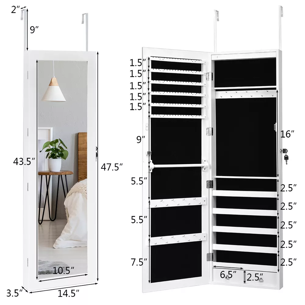 Wall Door Mounted Mirror Jewelry Cabinet Organizer w/LED Light - Image 5