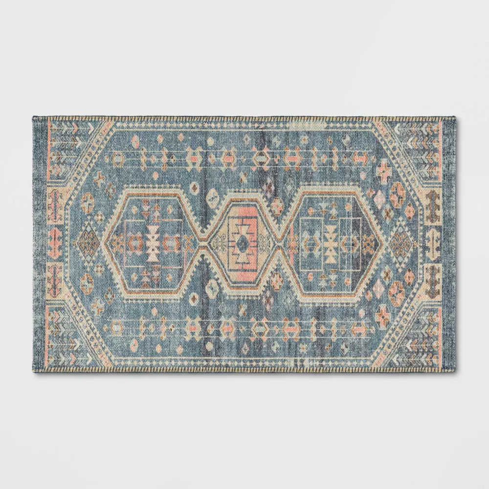 Washable Persian Style Medallion Accent Rug Blue 27X45