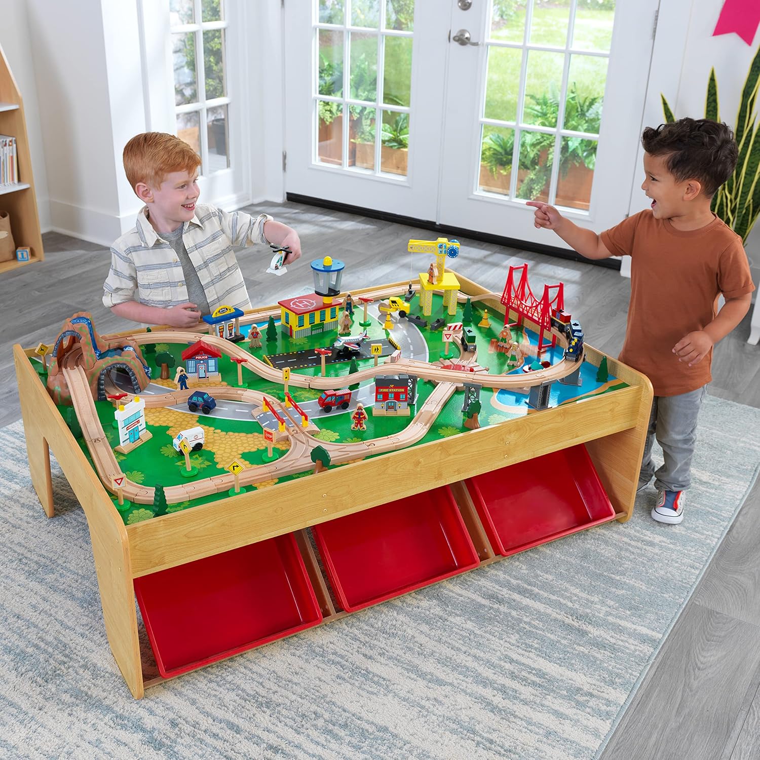 Waterfall Mountain Wooden Train Set & Table with 120 Pieces, 3 Storage Bins - Image 3