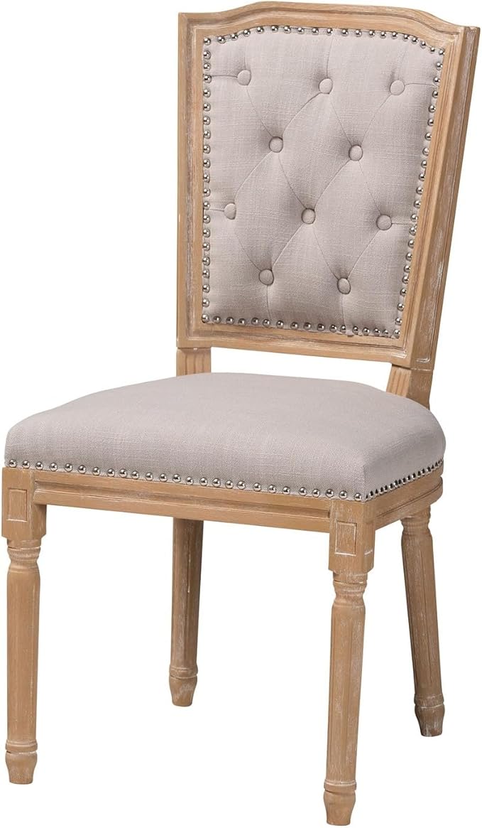 Weathered Oak Linen Button Tufted Upholstered Dining Chair, Medium, Beige-SHOWROOM ITEM