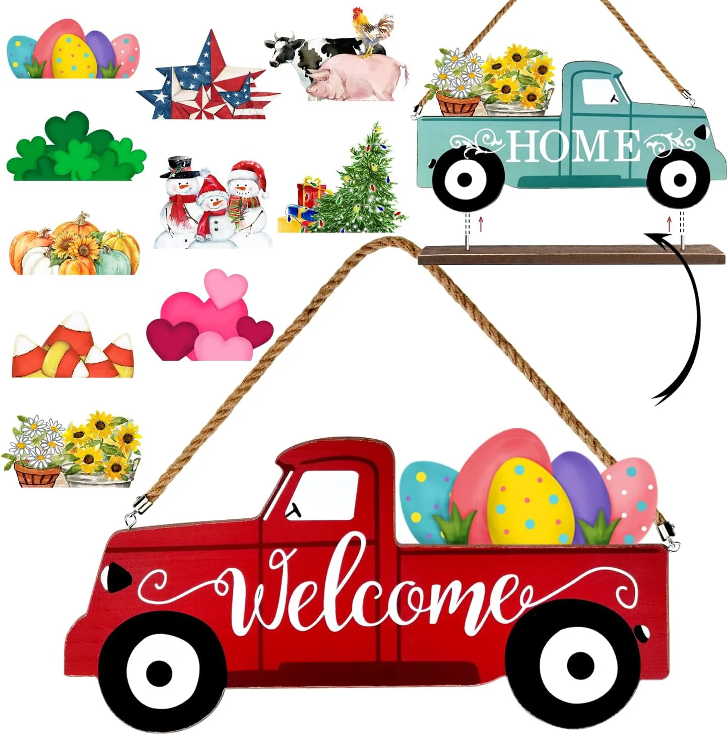 Welcome Sign & Home Sign for Front Door 2Side Rustic Red Truck Decor 4-Piece