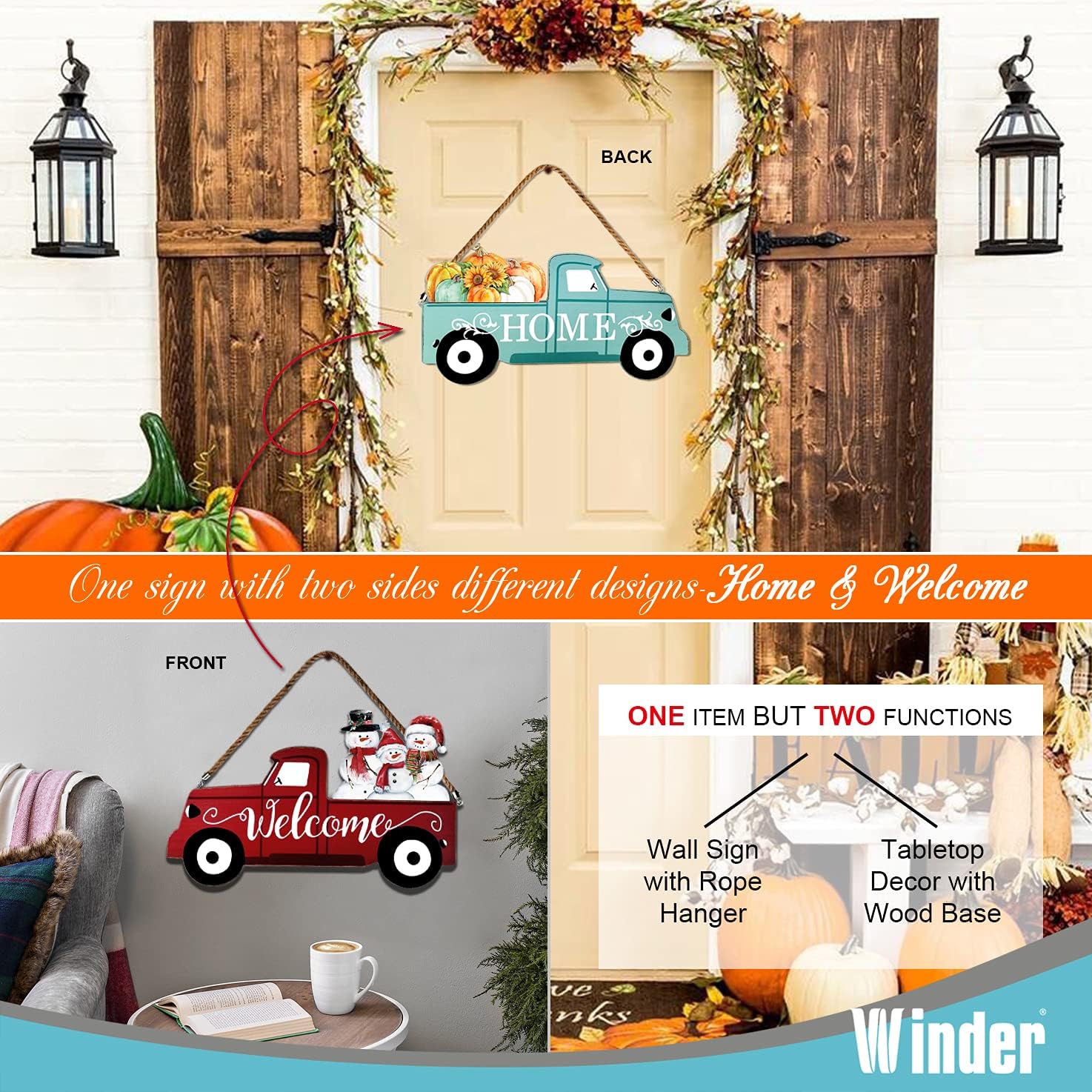 Welcome Sign & Home Sign for Front Door 2Side Rustic Red Truck Decor 4-Piece - Image 3