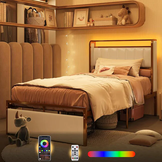 White and Gold Twin Size Bed Frame with Armrests Headboard and RGB Light - Image 2
