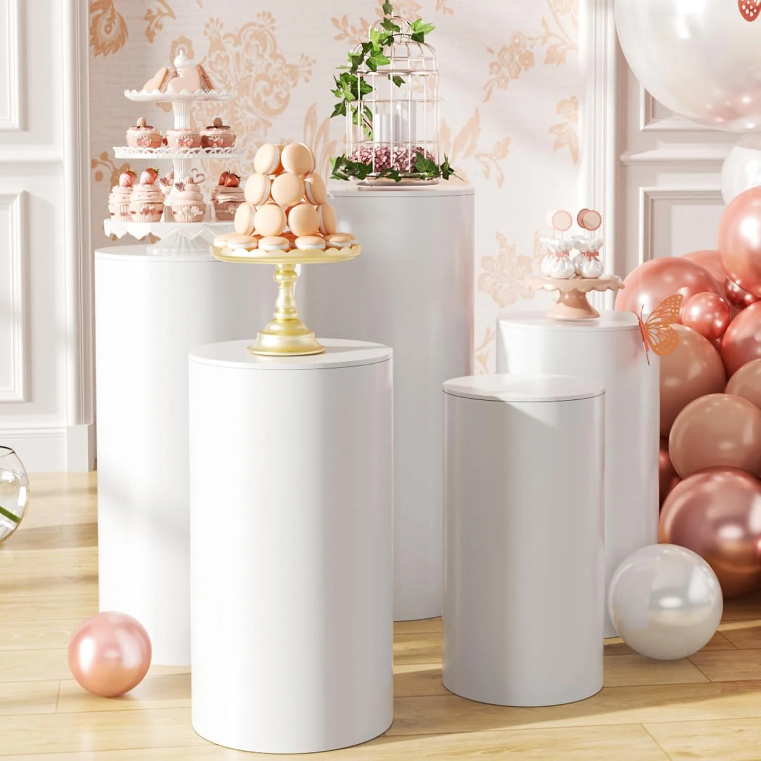 White Cylinder Pedestal Stands for Party- 5 Pieces , Large White Cake Stand, Pedestal Display Plinth Pillars