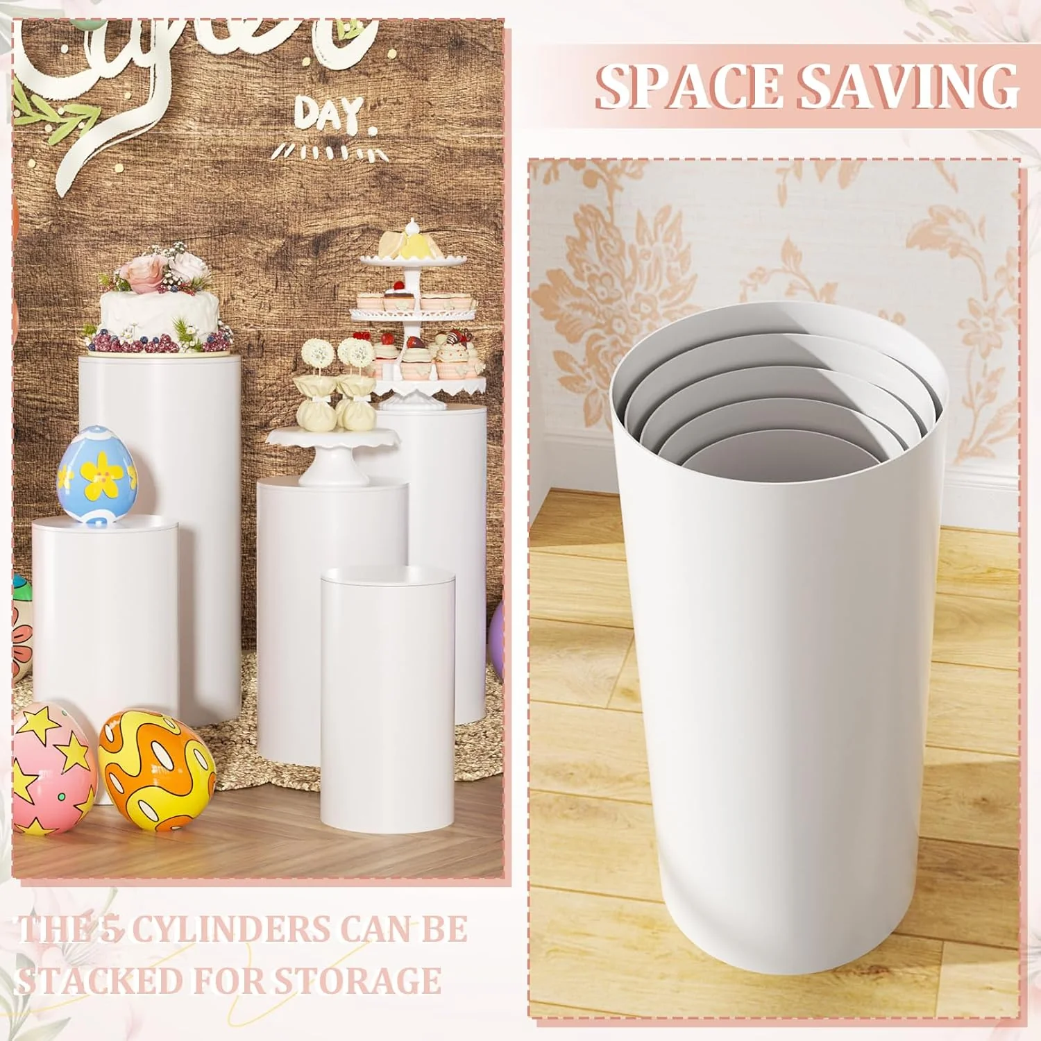 White Cylinder Pedestal Stands for Party- 5 Pieces , Large White Cake Stand, Pedestal Display Plinth Pillars - Image 2