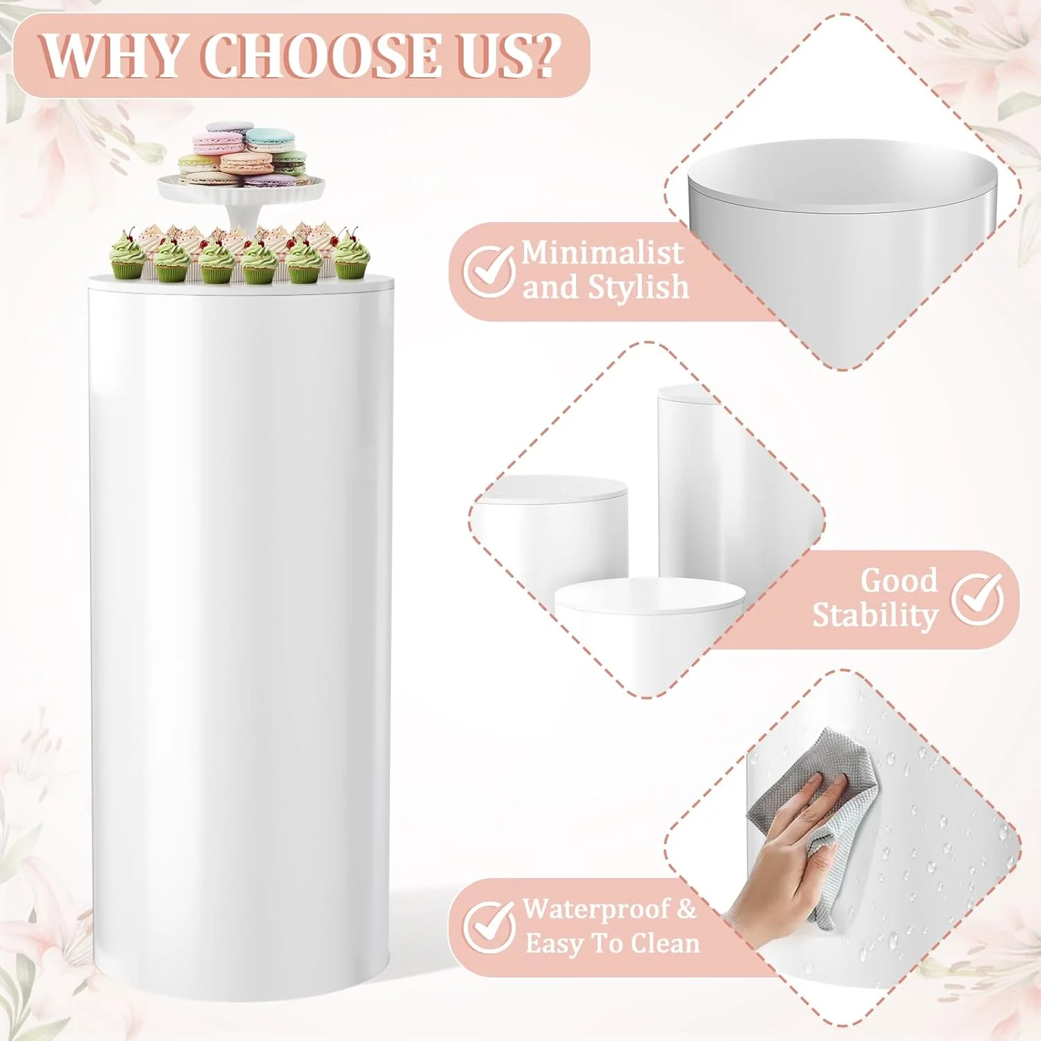 White Cylinder Pedestal Stands for Party- 5 Pieces , Large White Cake Stand, Pedestal Display Plinth Pillars - Image 4