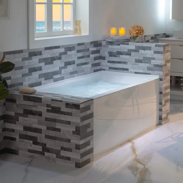 White/Matte Black Vine Alcove / Tile In Soaking Acrylic Bathtub,