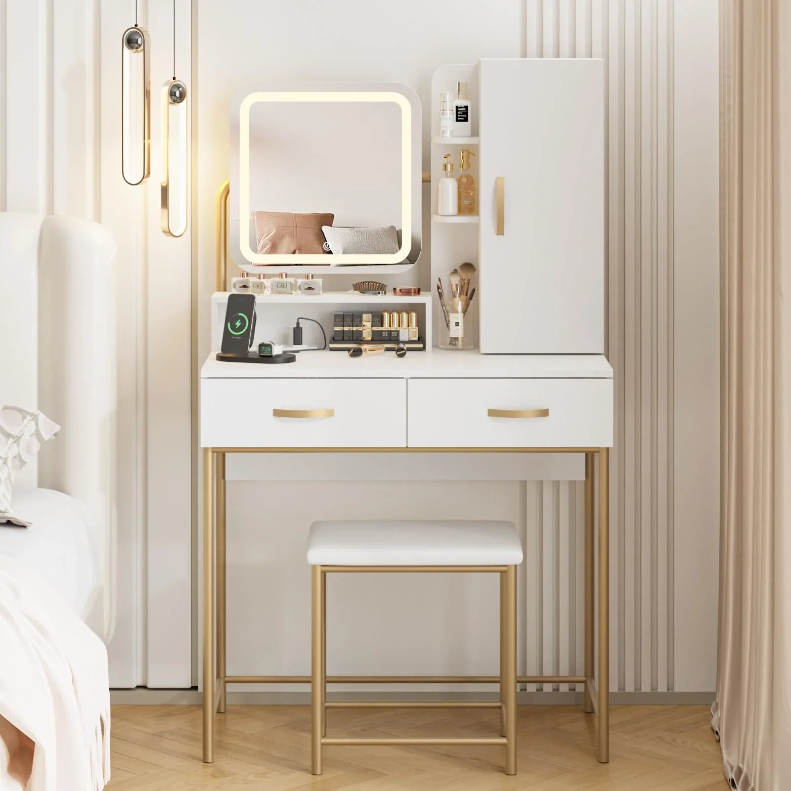 White Vanity Desk Makeup Table with Mirror and Lights - Image 2