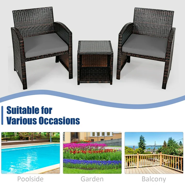 3-Piece Wicker Patio Conversation Set with Gray Cushions Sofa Coffee Table - Image 4