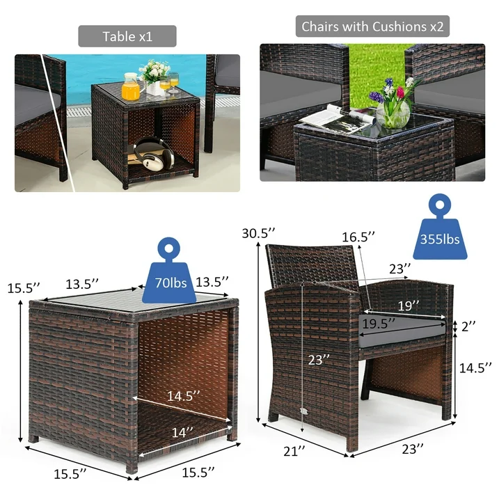 3-Piece Wicker Patio Conversation Set with Gray Cushions Sofa Coffee Table - Image 5