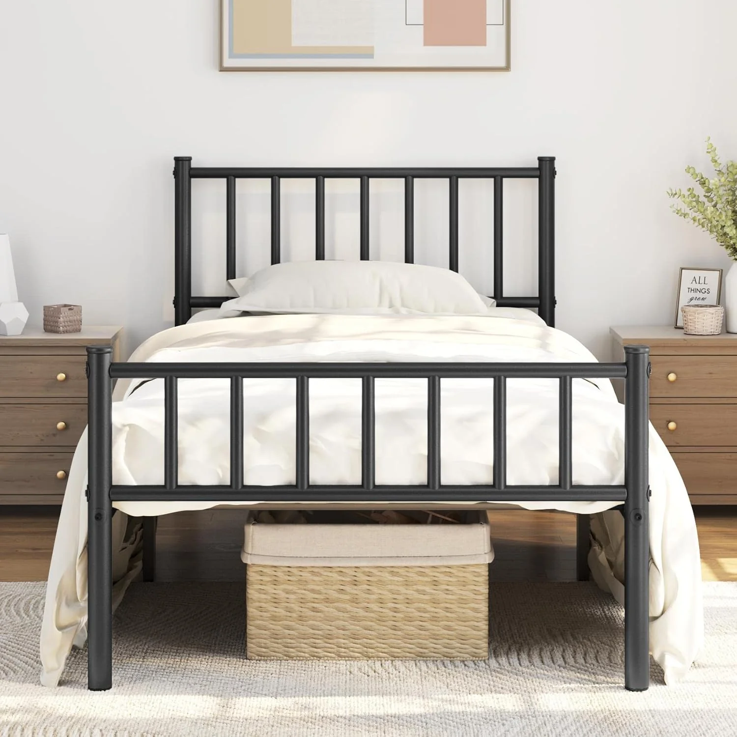 Metal Platform Bed Frame Mattress Foundation with Spindle Headboard & Footboard Black Twin - Image 2