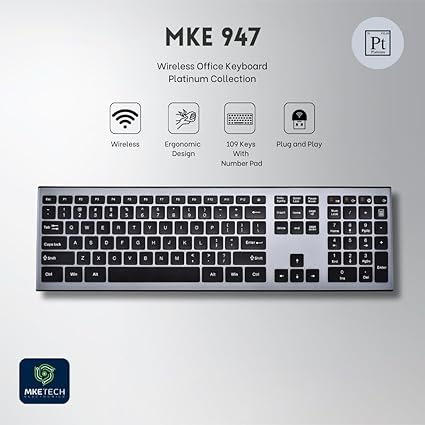 Wireless Ergonomic Computer Keyboard with Number Pad, Black - Image 2