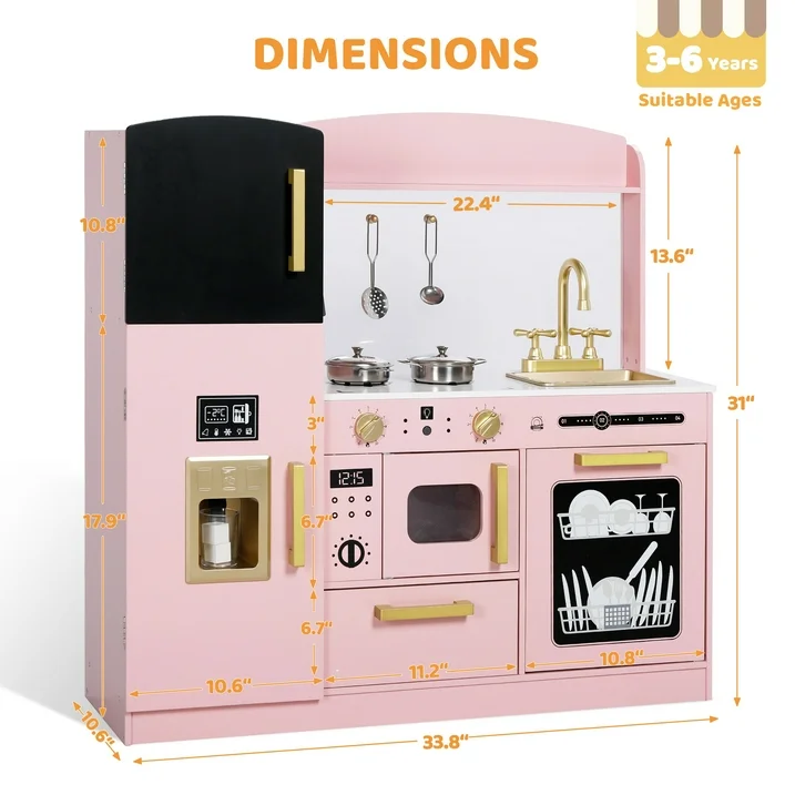 Wood Kids Play Kitchen, Pretend Playset, Pink - Image 5