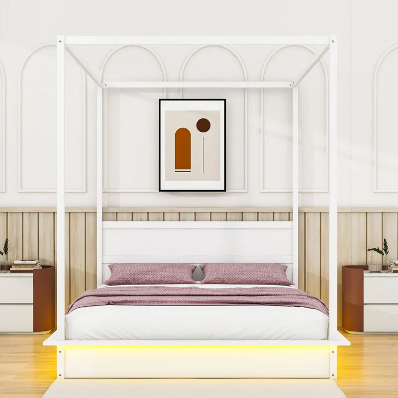 Wood Platform Bed with Support Slats and LED Light Queen - Image 4
