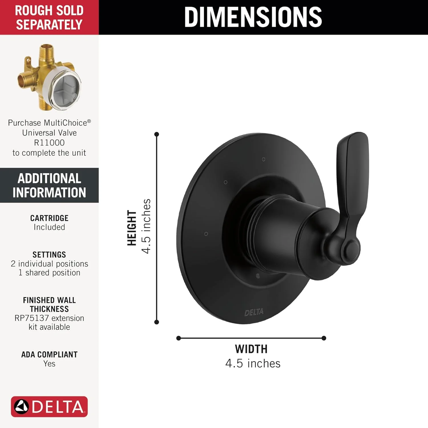 Woodhurst 3-Way Shower Handle Diverter Trim Kit, Matte Black (Valve Not Included) - Image 4