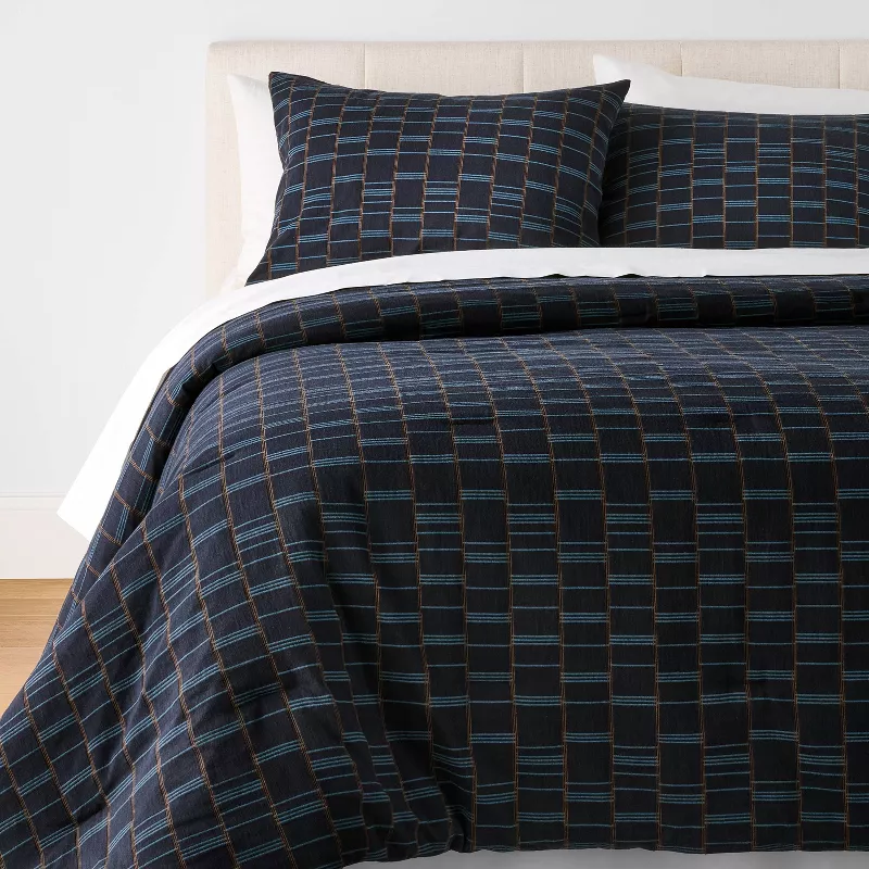 Woven Grid Comforter Set Navy Blue - Full/Queen